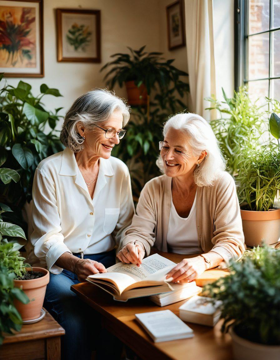 A tender scene of two mature women sharing a private moment in a cozy, sunlit room filled with plants and soft textures. Their expressions reflect joy and deep connection, surrounded by symbols of intimacy like intertwined hands, a shared book, and tea, creating a warm atmosphere. Subtle hints of a vibrant rainbow spectrum in the background. soft focus. warm colors. inviting ambiance.