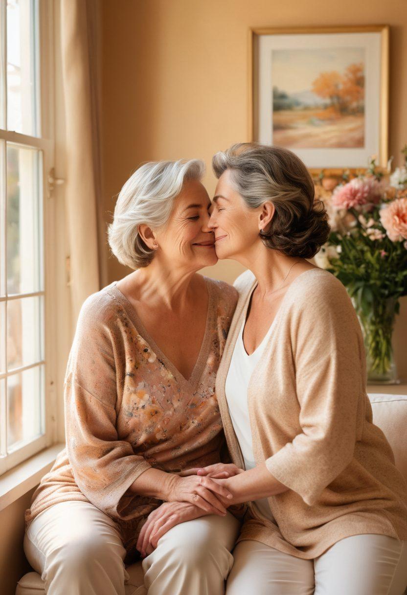 A warm and intimate scene capturing two mature women embracing, surrounded by soft pastel colors and gentle floral accents. Their expressions convey deep affection and connection, while warm sunlight filters through a nearby window, casting a golden glow. The background showcases a cozy living space filled with art and comfortable decor, emphasizing a sense of home and love. surrealistic. soft focus. warm color palette.